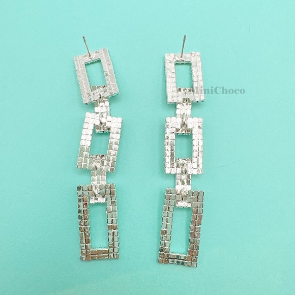 Silver Tone Rhinestone Rectangle Chain Link Earrings - Picture 4 of 10